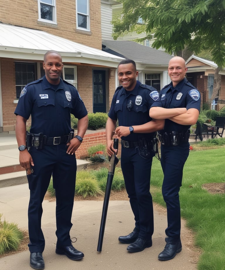 A police officer warmly interacting with local children on a sunny neighborhood street.