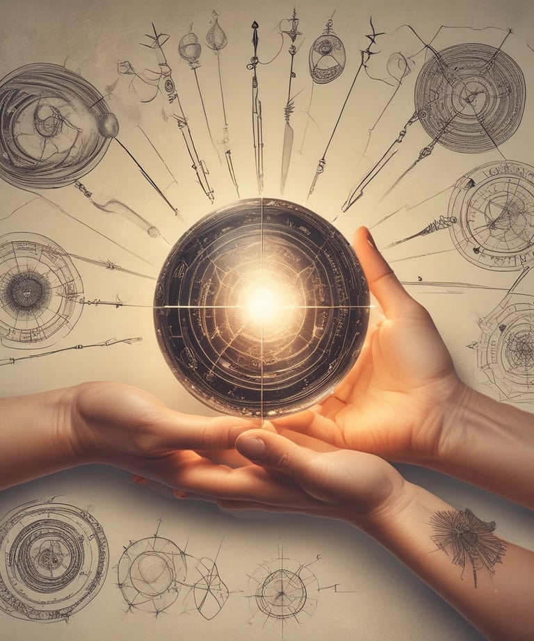 Close-up of hands softly channeling glowing energy waves over a peaceful crystal.