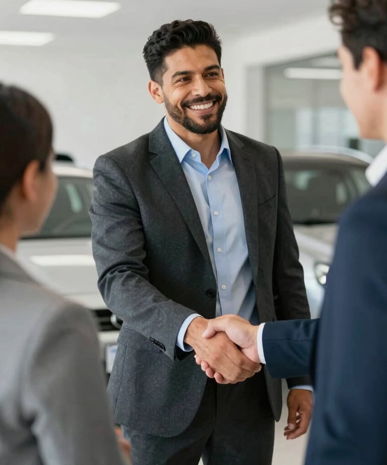 A friendly customer shaking hands with a dealership representative in a modern showroom.