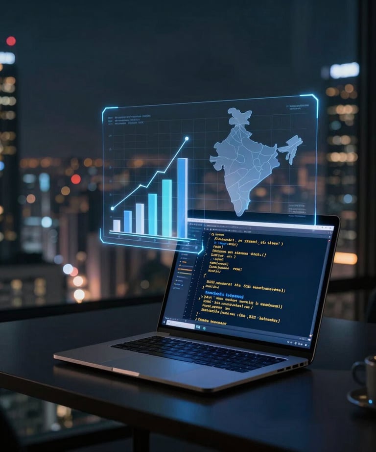 Close-up of hands coding on a laptop with lines of SEO strategy visible on screen.