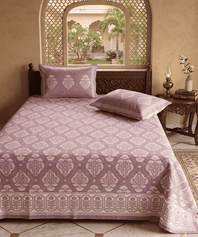 Mauve and white floral booti pattern Jaipuri bedsheet on a carved wooden bed