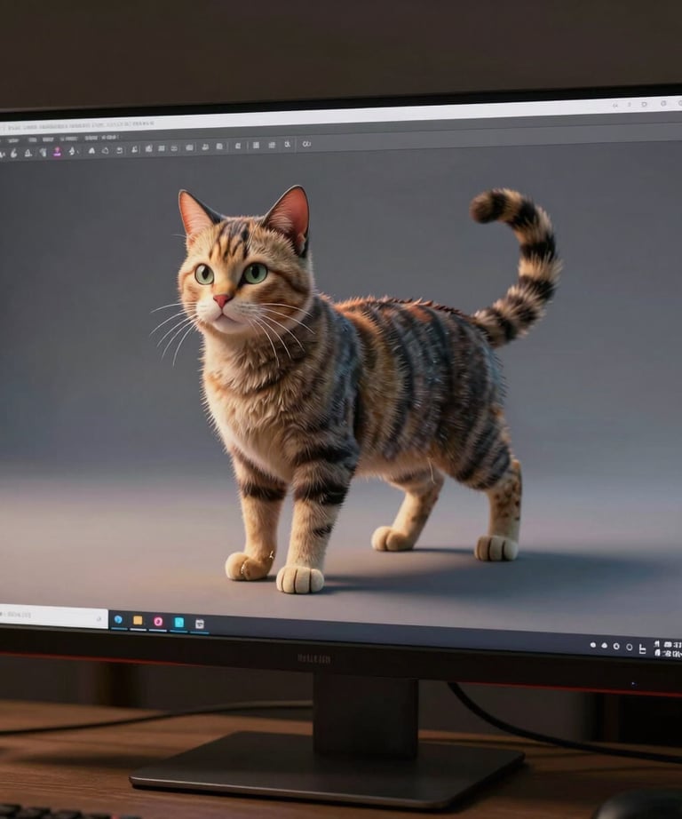 A studio photograph of a computer monitor showing a complex 3D character model of a cat in a T-pose for rigging. Warm lighting accents.