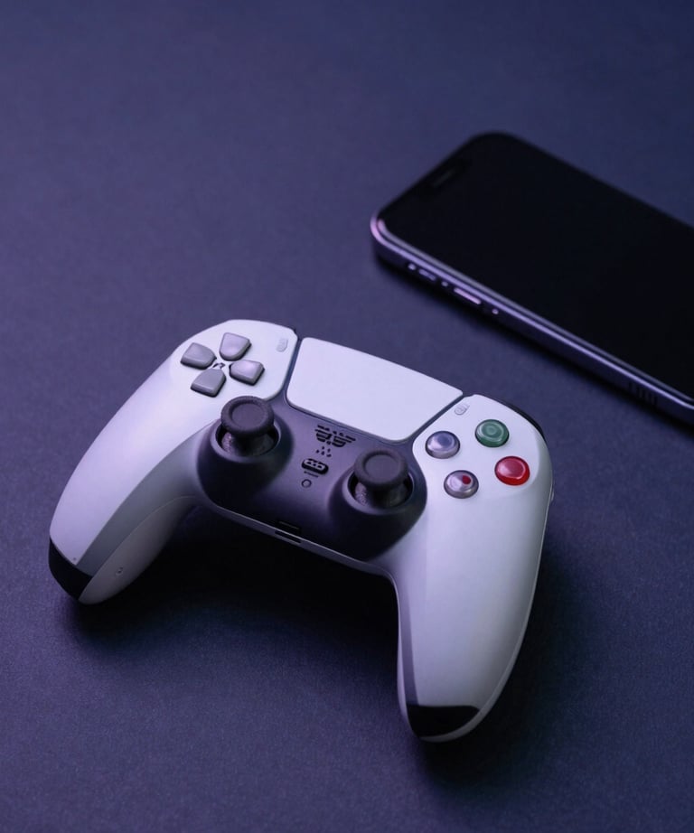 A clean, minimalist studio shot of a white gaming console controller and a mobile phone on a deep navy surface. Elegant composition with soft purple shadows.