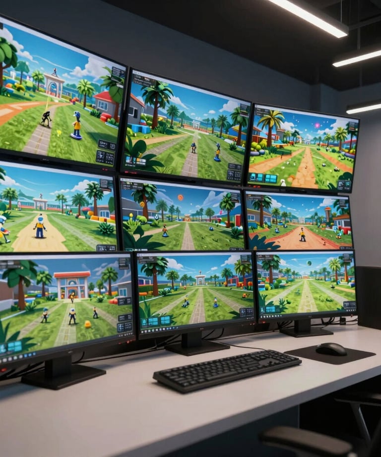 A photograph of a modern game studio with multiple screens showing vibrant 3D environments. North American / Global design. Professional lighting.