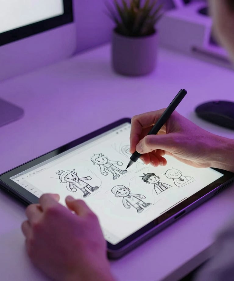 A photograph of a person's hands drawing game character sketches on a digital tablet. Soft purple lighting and a clean North American / Global home office.