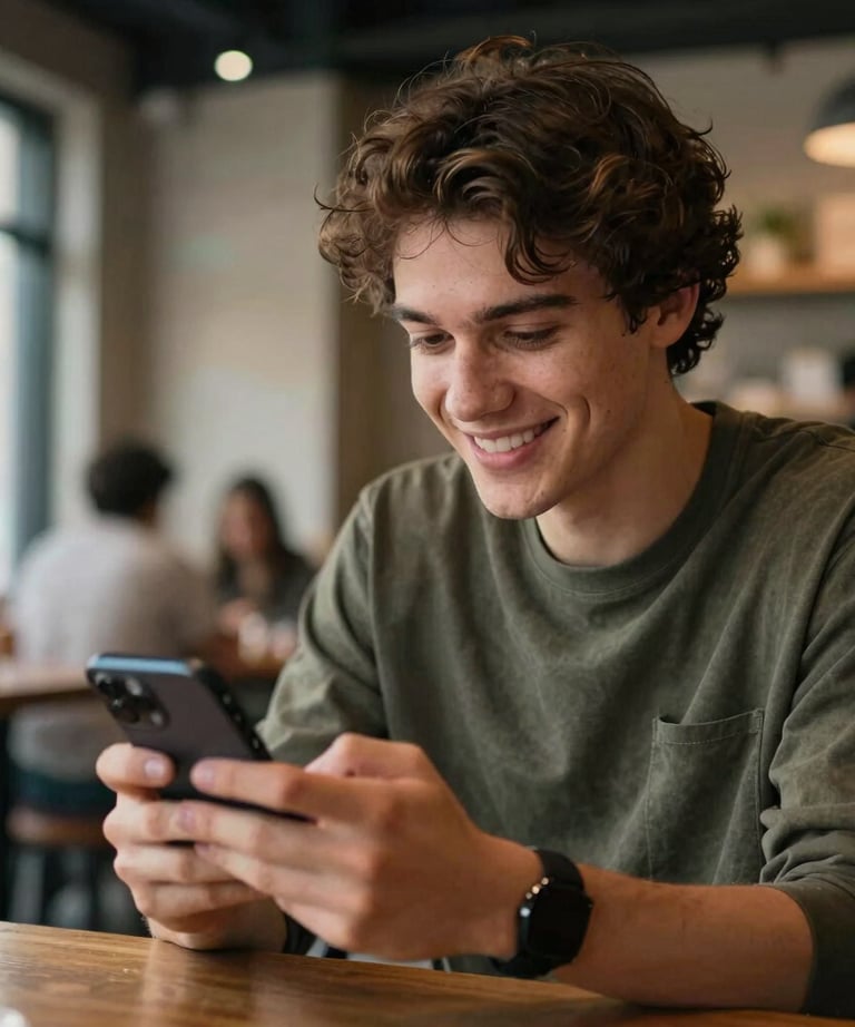 A lifestyle photograph of a young adult in a modern North American / Global cafe environment, smiling while playing a game on their smartphone. High-quality lighting, shallow depth of field.