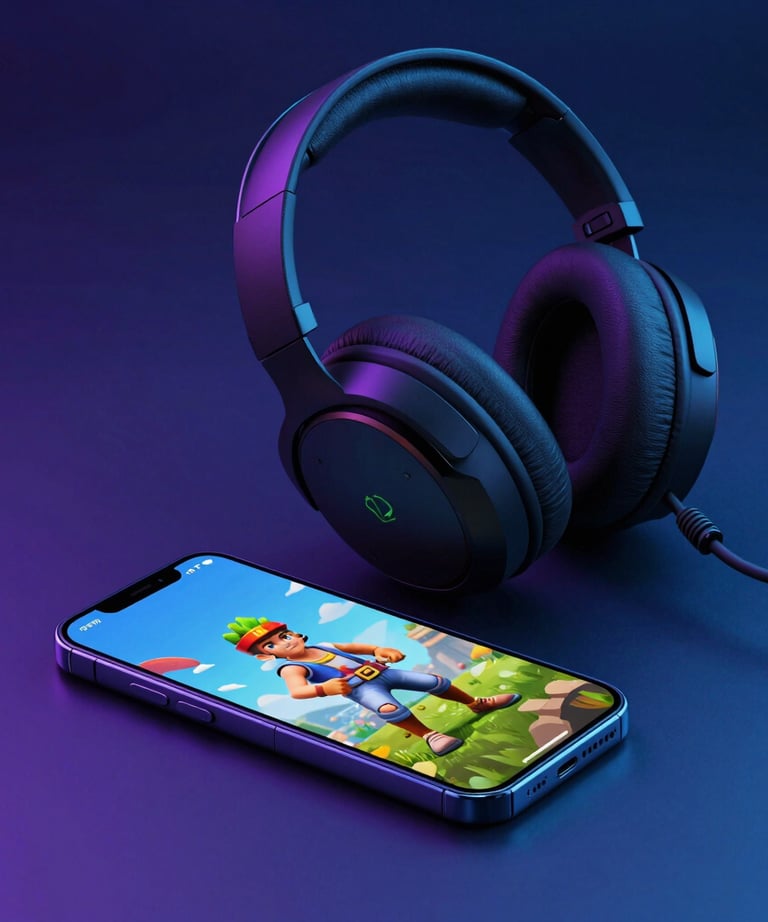 A studio photograph of a gaming headset and a smartphone on a dark blue surface. The smartphone displays a vibrant 3D game character. Moody purple and blue lighting.