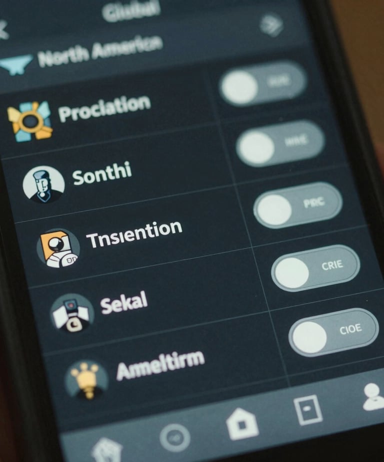 A close-up photograph of a mobile phone screen displaying a polished game settings menu with sleek toggle switches and buttons. North American / Global UI style.