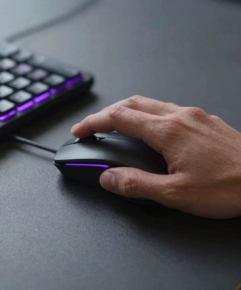 A close-up studio photograph of a person's hand using a mouse and keyboard with glowing purple LEDs. Minimalist North American / Global workspace.