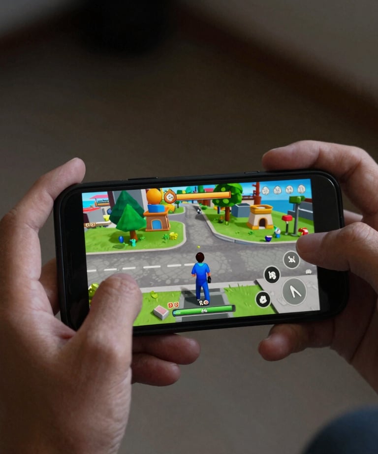 A photograph of a person's hands holding a smartphone horizontally, focusing on the screen where a colorful 3D game environment is being explored.