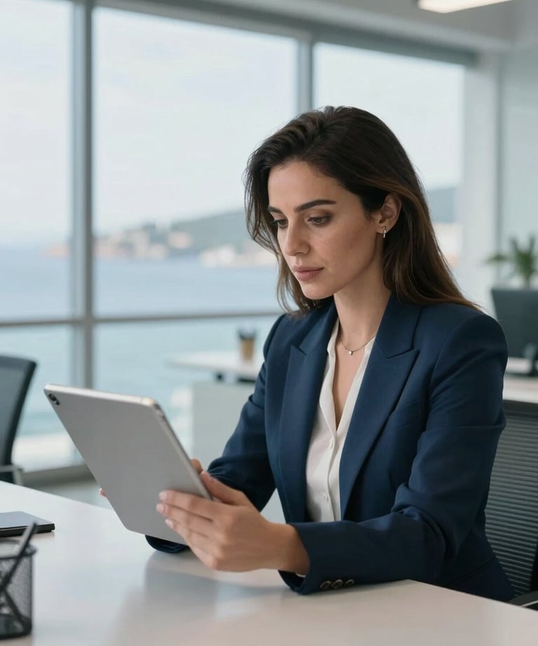 A portrait of a professional woman looking at a tablet in a bright office in Bodrum. Muted blue and white office decor. Turkish / Aegean Coast.