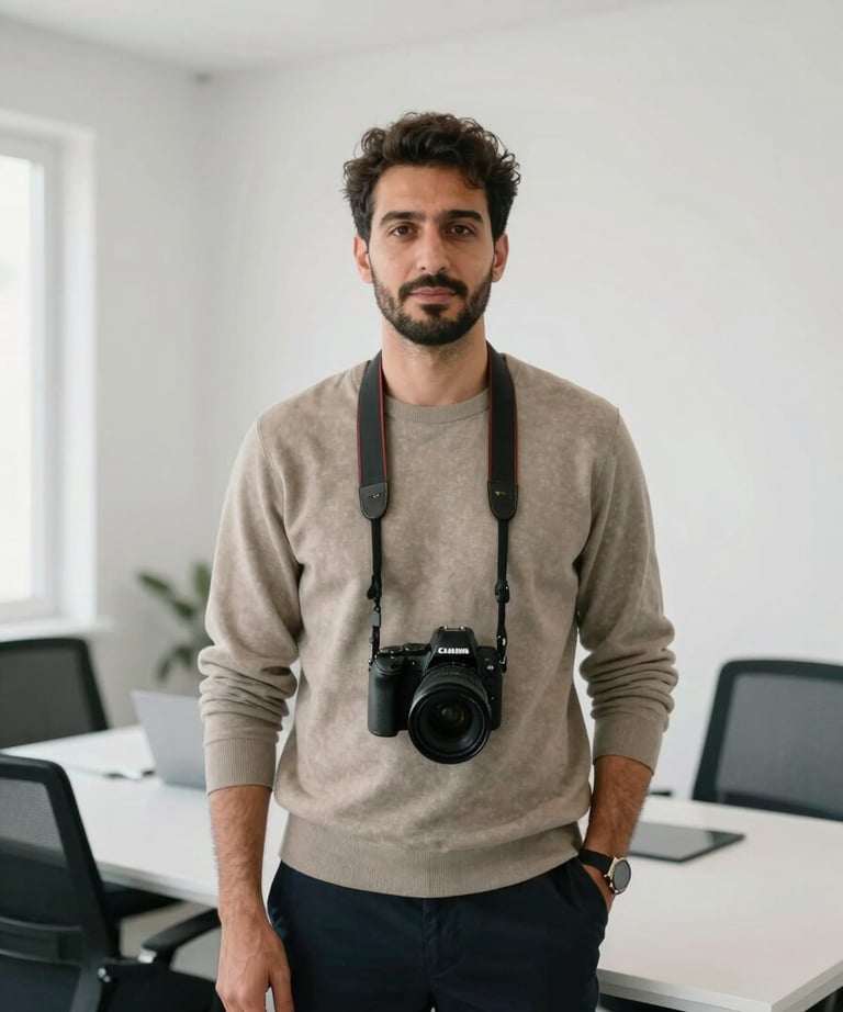 Portrait of a man with a professional camera around his neck standing in a minimalist white-walled office in Bodrum. Modern attire. Turkish / Aegean Coast.