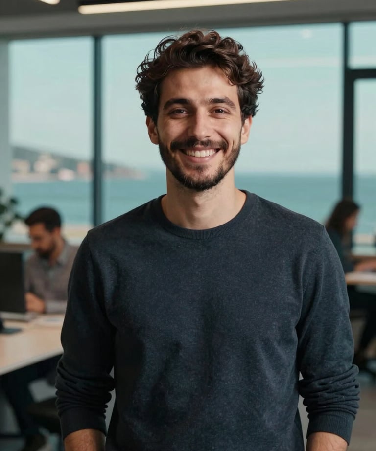Portrait of a creative team member smiling in a modern Bodrum office space. Soft teal background. Turkish / Aegean Coast.