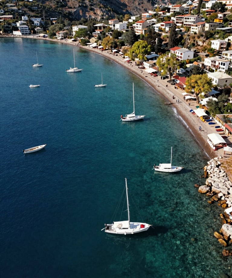 Aerial photo of the Bodrum shoreline with crystal clear water and local boats. Professional drone photography. Turkish / Aegean Coast.