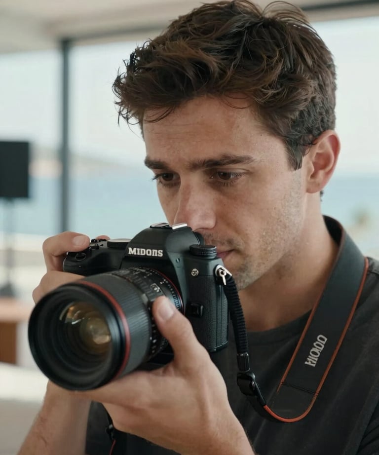 A close-up portrait of a creative professional using a camera, blurred modern studio background in Bodrum. Soft natural light. Turkish / Aegean Coast.