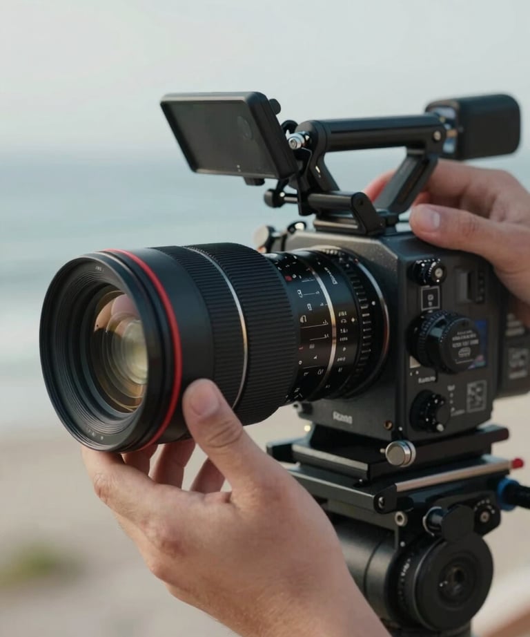 A close-up of hands adjusting a professional lens on a high-end cinema camera. Soft studio lighting. Turkish / Aegean Coast.