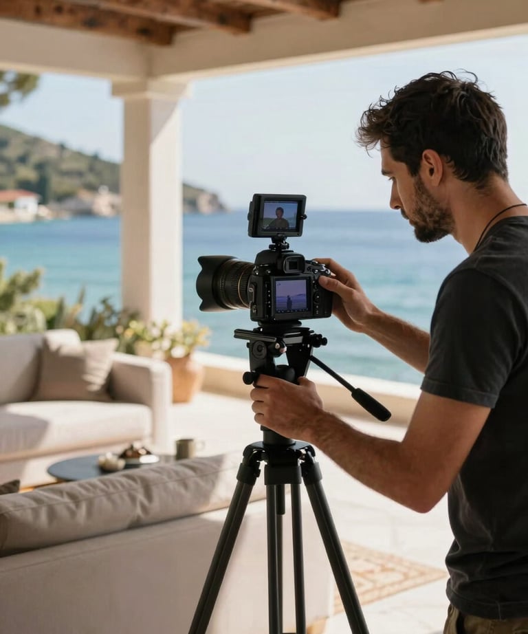 A man looking at a professional camera screen on a tripod in a sun-drenched coastal villa living room. Professional equipment. Turkish / Aegean Coast.