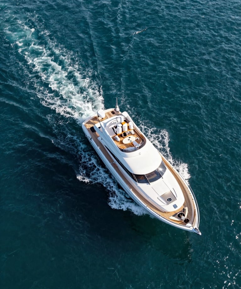 High-angle drone shot of a luxury yacht sailing through turquoise waters near Bodrum coastline. Clean, sharp photography style. Turkish / Aegean Coast.