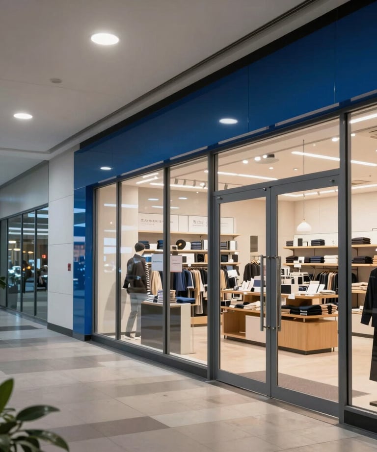 A photograph of a modern retail interior in a North American city, showcasing clean lines, professional blue accents, and an inviting atmosphere.