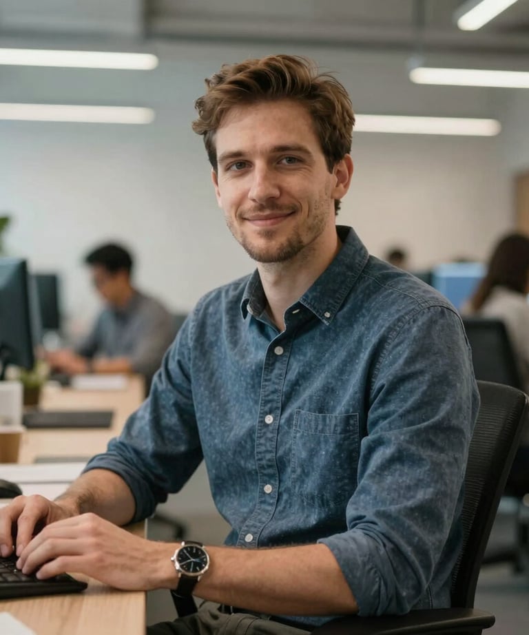 A professional portrait of a tech developer in a modern North American startup office environment.