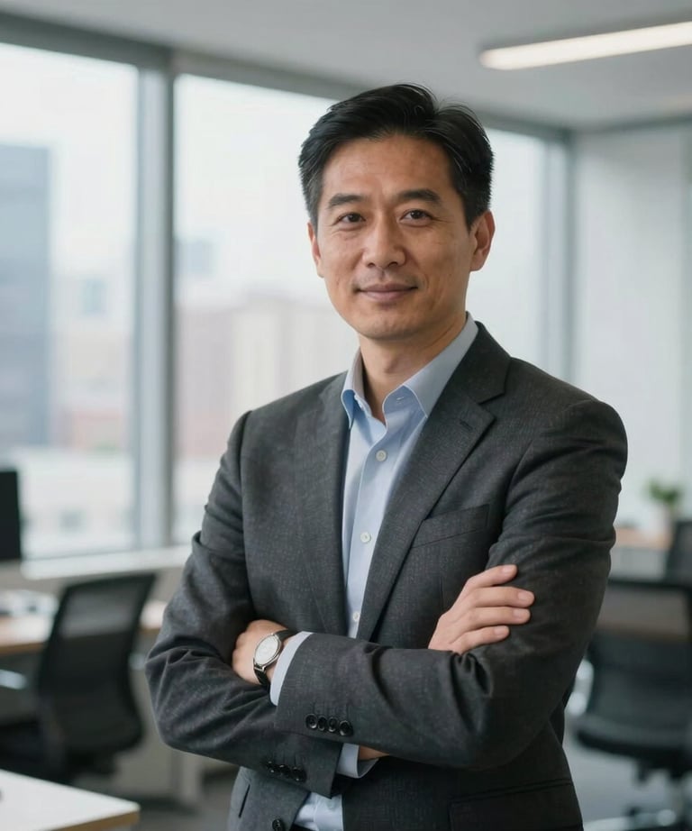 A professional portrait of an expert consultant in a clean, modern North American office with a soft-focus background of city windows.