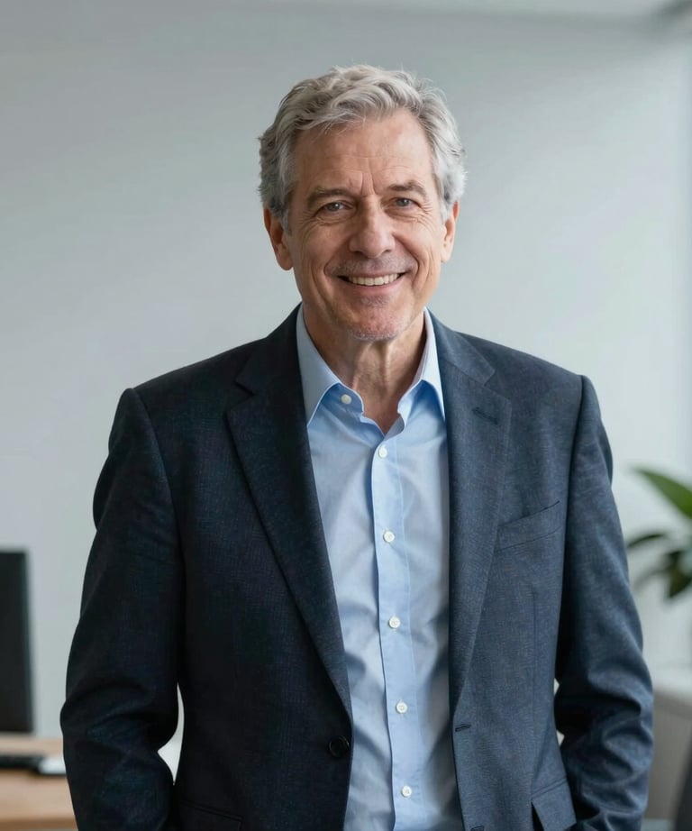 A professional portrait of a senior consultant in a minimalist, light grey office setting in North America.