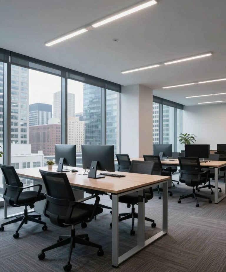 A professional photograph of a modern co-working space in a major North American city, featuring light grey and professional blue tones.