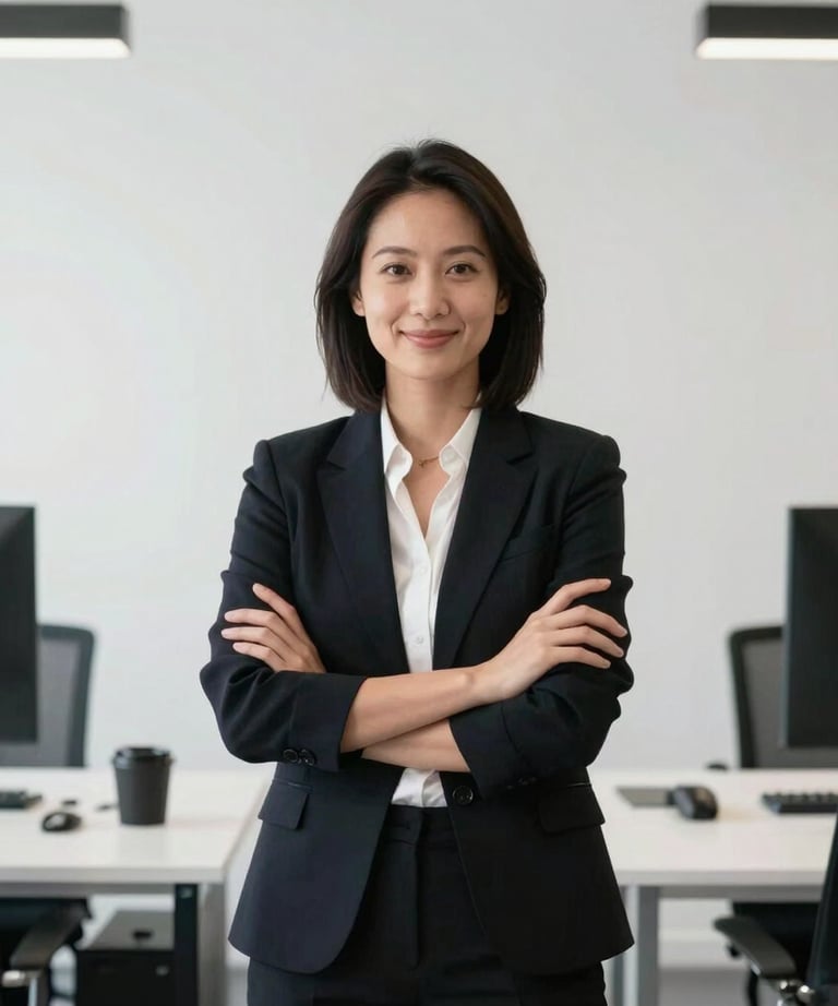 A professional portrait of a growth strategist in a minimalist North American office with a clean black and white background.