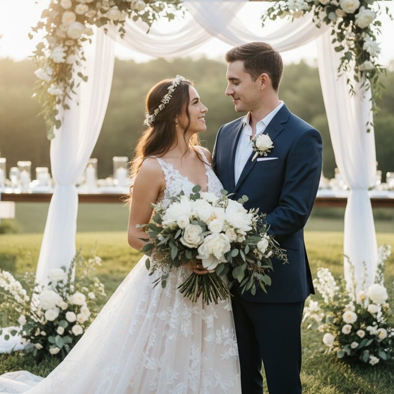 A bride in a lace gown and a groom in a navy suit pose under a white floral wedding arch at sunset.