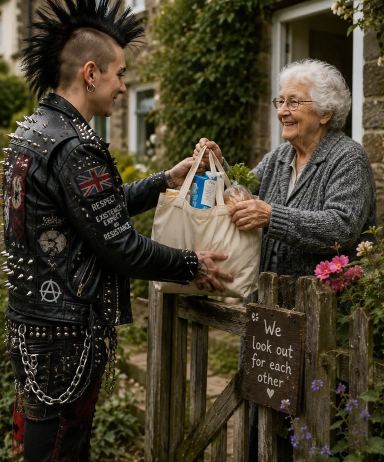 A young punk rocker with a mohawk delivers groceries to a smiling senior woman at her garden gate.
