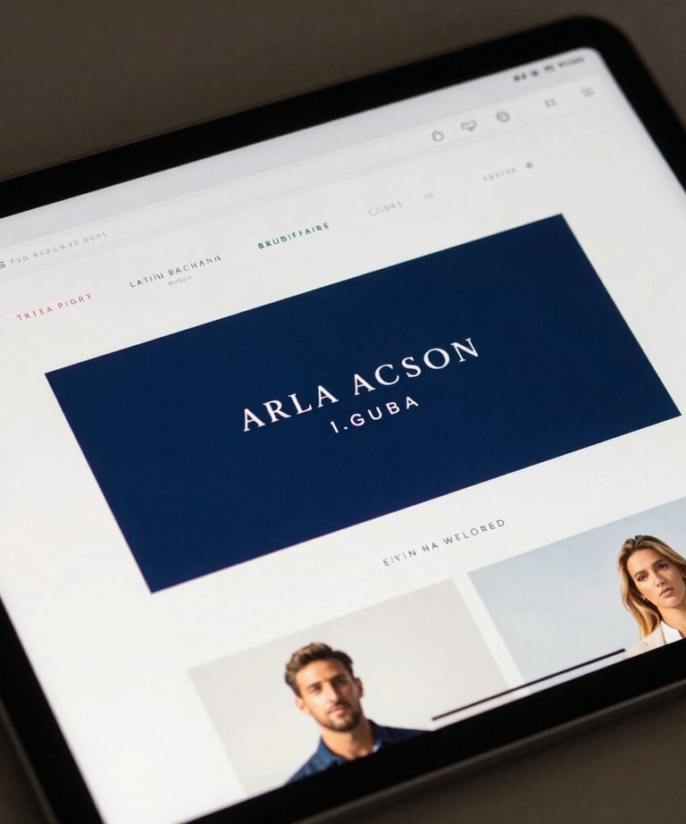 A close-up of a high-resolution tablet displaying a modern, clean web interface for a luxury brand. Latin American / Hispanic setting, soft shadows, sophisticated palette of deep blue and crisp off-white.