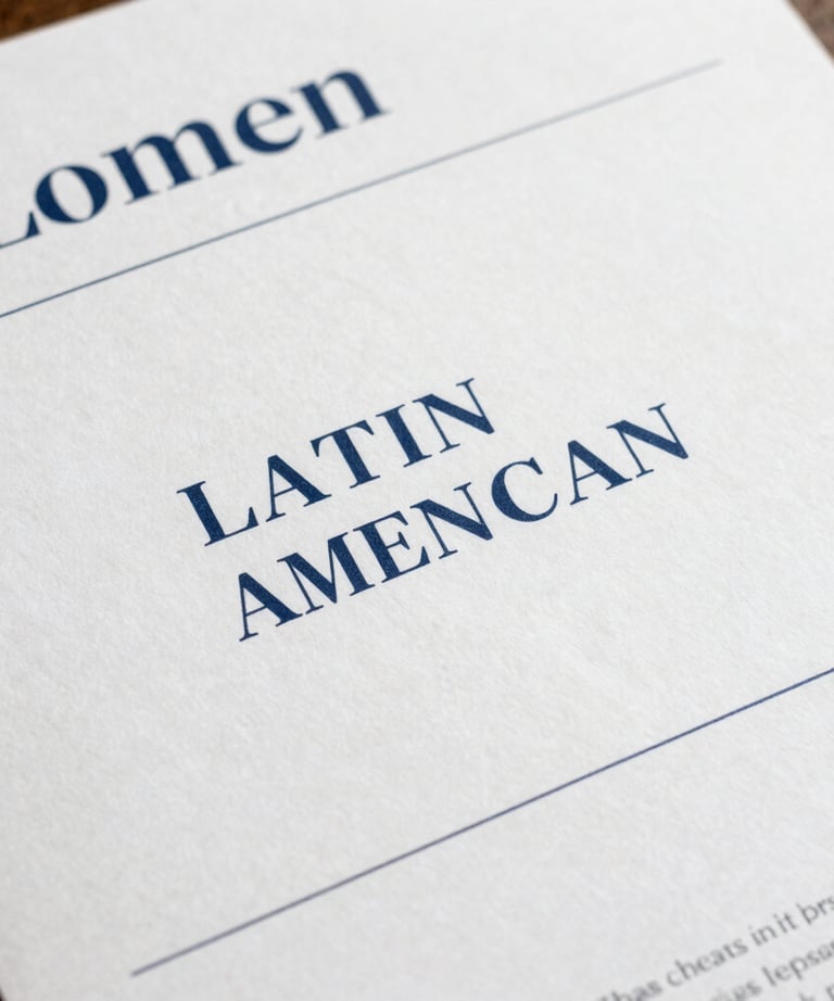 Clean, flat-lay of brand guidelines printed on premium paper. Sophisticated typography, deep blue and muted steel blue accents, Latin American / Hispanic design aesthetic.