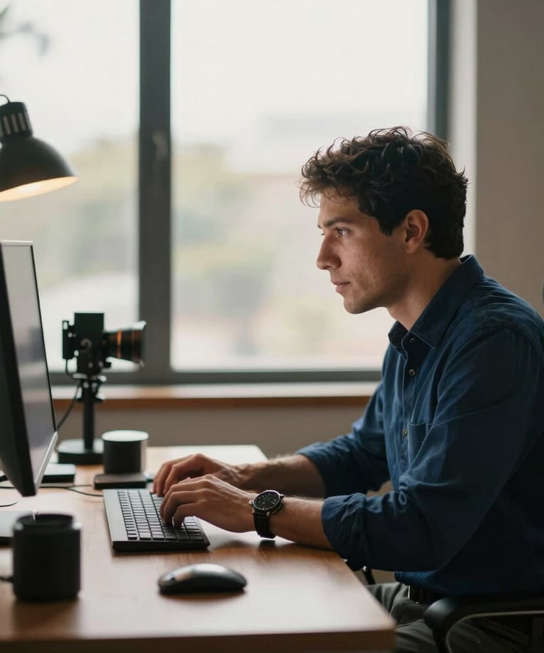 Creative professional at a desk, backlit by a large window. Soft focus on tech equipment, sophisticated atmosphere with deep blue and warm bronze colors, Latin American / Hispanic setting.