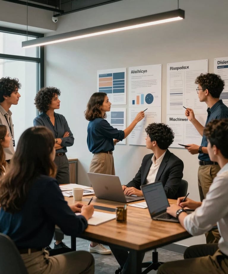 A creative team meeting in a bright, modern Latin American agency. They are looking at brand strategy boards on a wall. Professional attire, collaborative atmosphere, warm bronze and muted steel blue lighting.