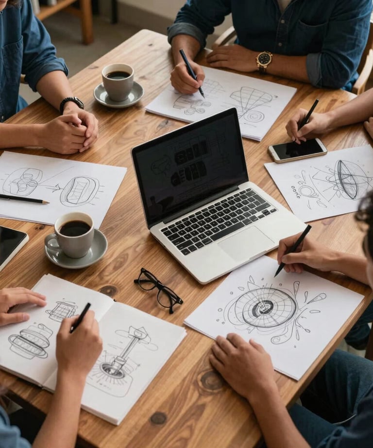 Overhead shot of a collaborative workspace with coffee, sketches, and a laptop. Warm wood, deep blue accents, Latin American / Hispanic creative environment.