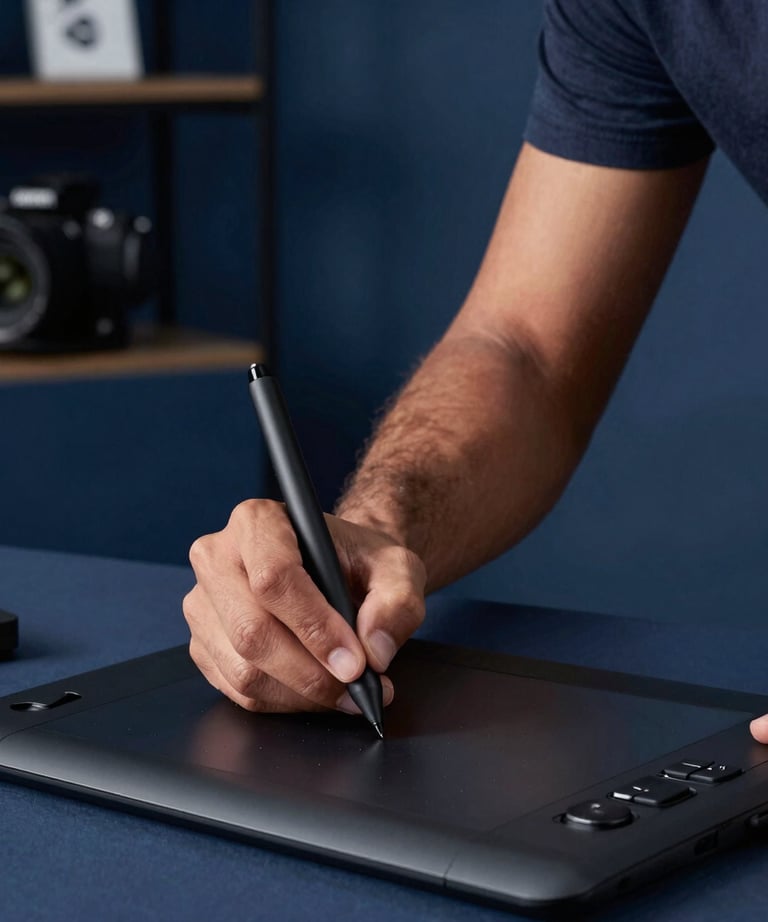 Creative professional using a stylus on a drawing tablet in a modern studio. Soft light, deep blue tones, Latin American / Hispanic professional setting.
