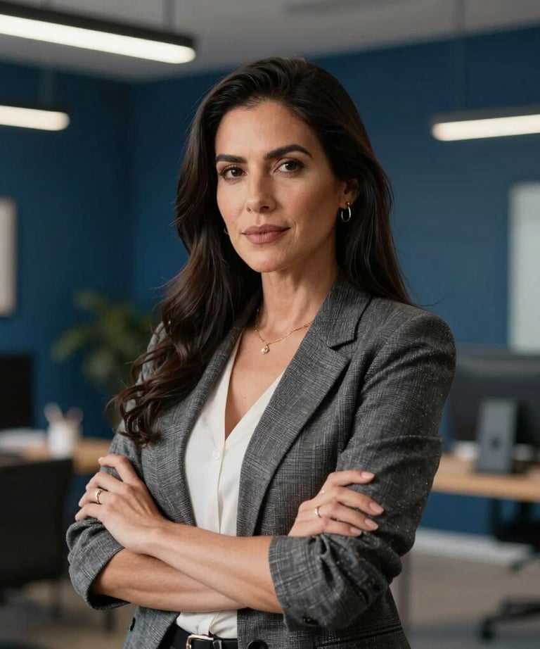 Portrait of a professional Latin American woman in a creative studio, looking confident. Soft studio lighting, sophisticated attire, blurred background of a modern office with deep blue accents.