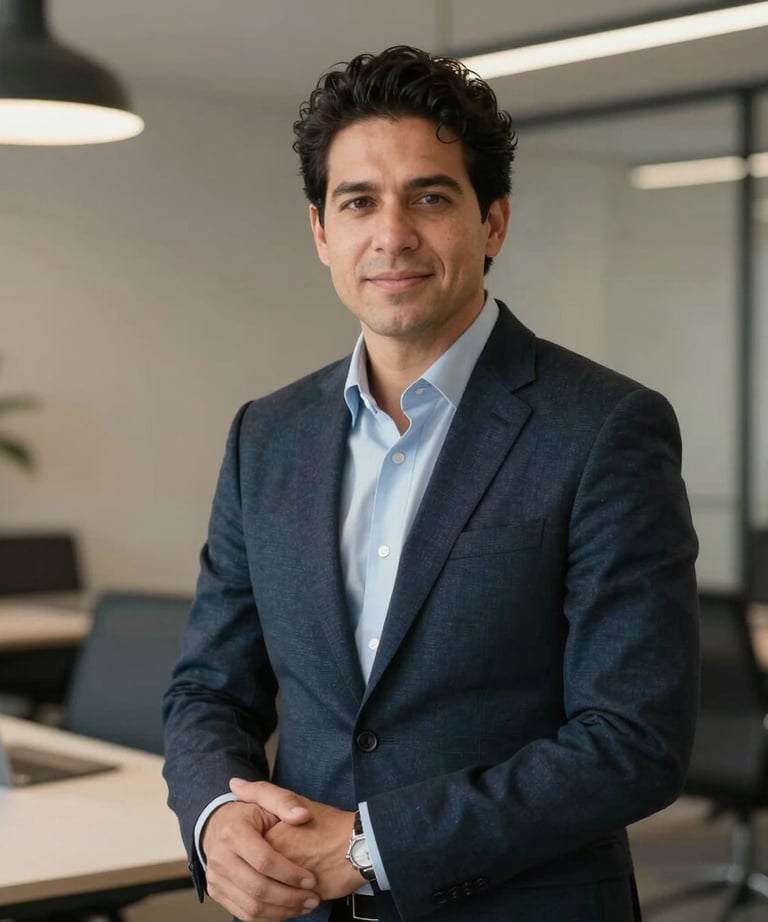 Professional portrait of a design strategist in a stylish office. Neutral tones, sophisticated lighting, modern Latin American / Hispanic professional vibe.