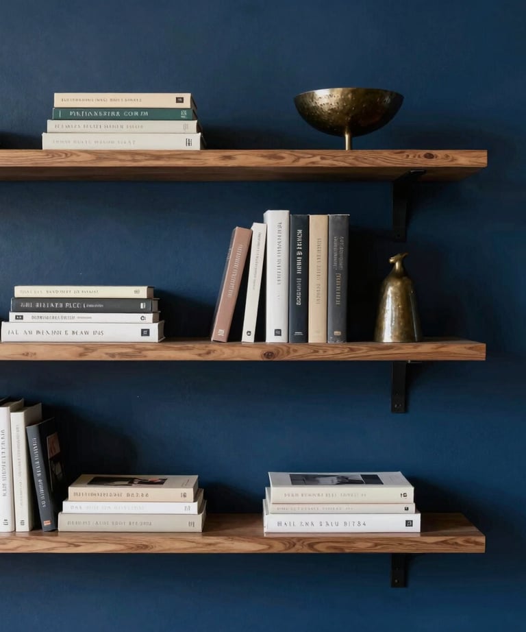 Minimalist bookshelf with design books and a small bronze sculpture. Soft shadows, deep blue wall, Latin American / Hispanic sophisticated interior.