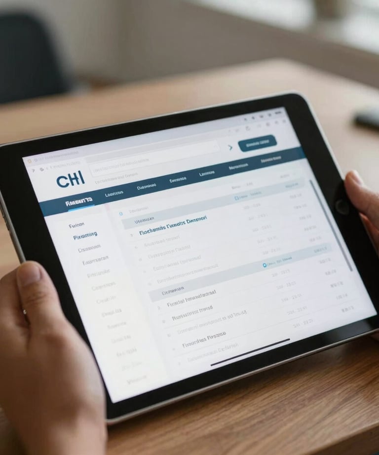 Close-up of a tablet displaying a clean, professional web application interface for financial management. Soft lighting in a Latin American office.