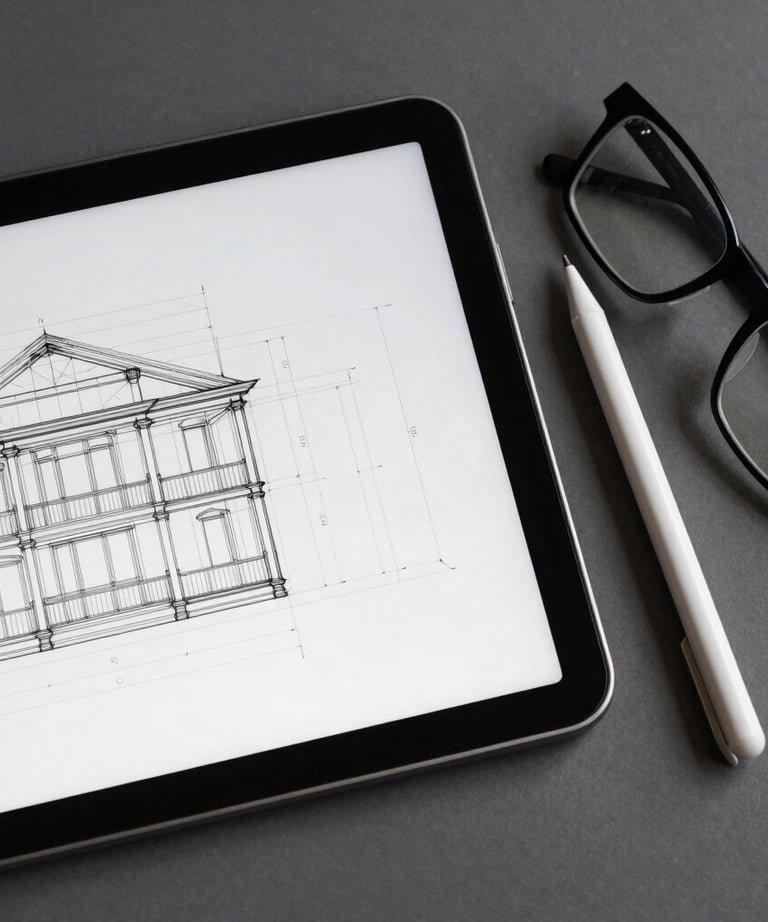 A top-down shot of a digital tablet showing architectural wireframes. Next to it, a stylus and a pair of professional glasses. Clean and sophisticated.