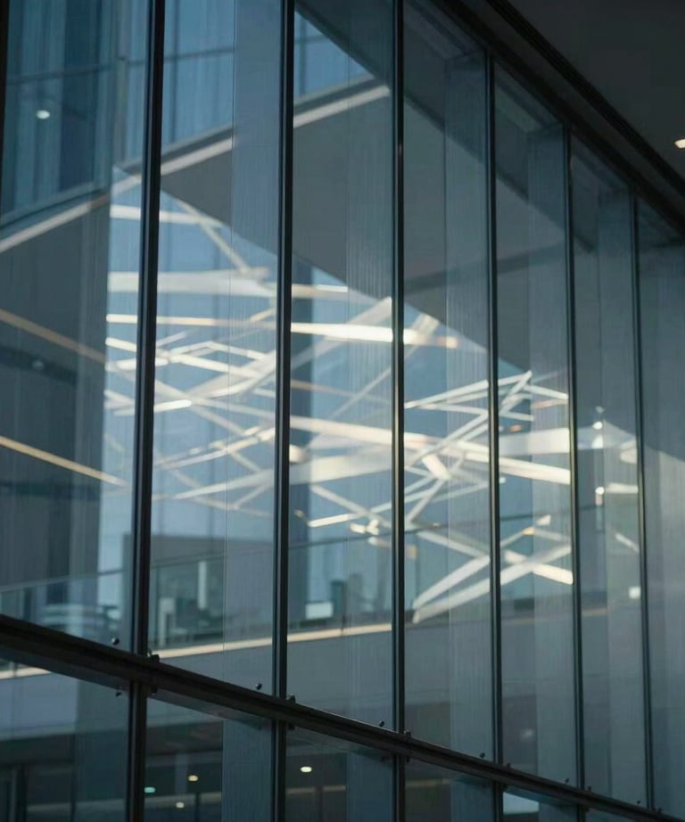 Abstract photography of light refraction on glass panels in a high-tech office. Oxford navy and slate gray blue tones, symbolizing clarity and precision.