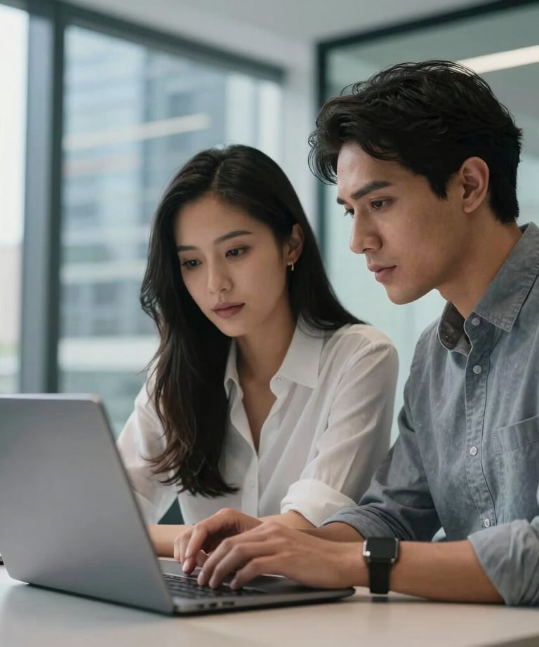 Close-up of two people collaborating over a laptop in a modern, glass-walled office in a Latin American city. Ghost white and slate gray blue lighting.