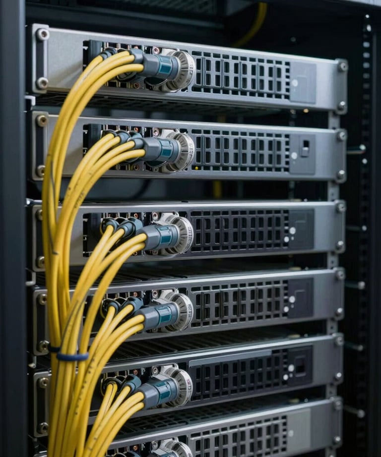 Clean, professional photography of a server rack with neatly organized cables. Representing infrastructure and technical mastery.