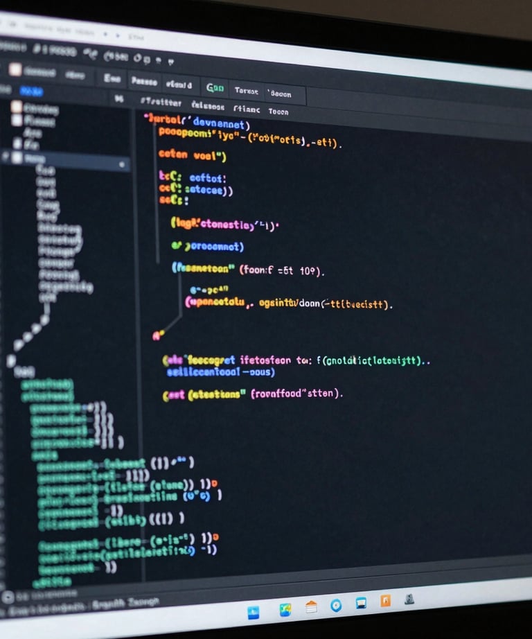 A close-up of a high-resolution screen showing complex software code with syntax highlighting. Cinematic lighting in a professional studio.