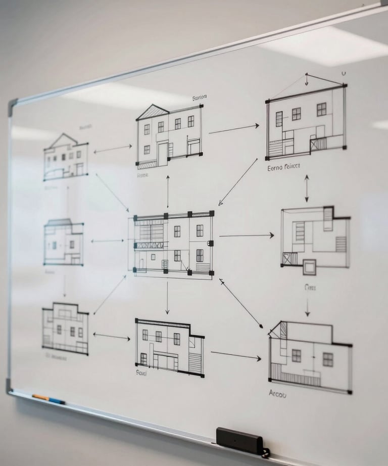 Close-up of a whiteboard with complex architectural diagrams and flowcharts in a Latin American boardroom. Modern, professional workspace lighting.