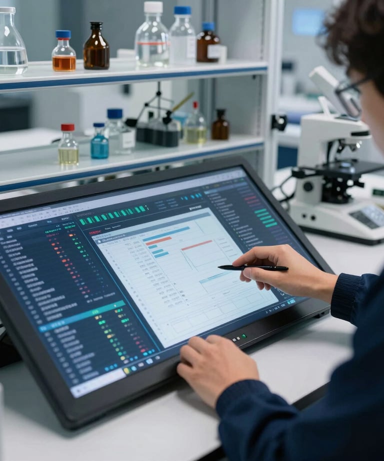 A high-tech laboratory or modern office setting. A person is analyzing data on a large touchscreen. Tech-focused aesthetic in Oxford navy and ghost white.