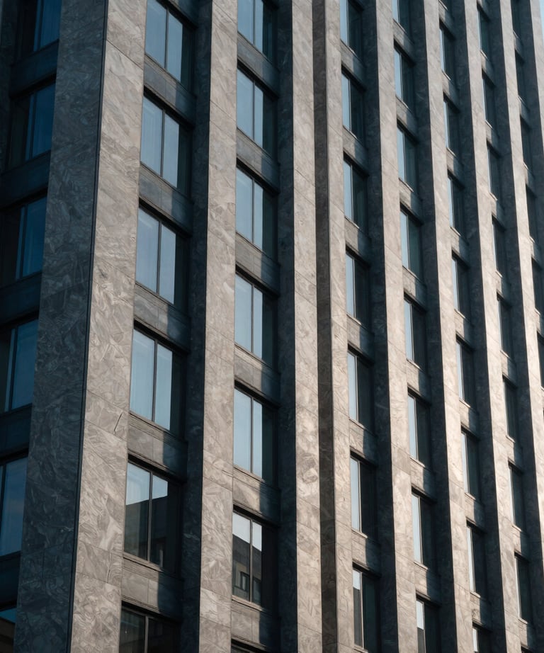 Photography of a high-tech modern building facade in a Latin American business district. Slate gray blue and Oxford navy tones.