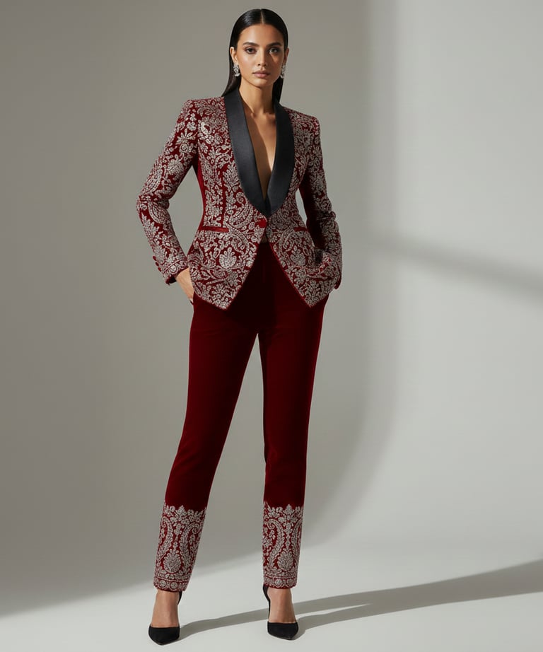 a woman in a red suit and black shoes