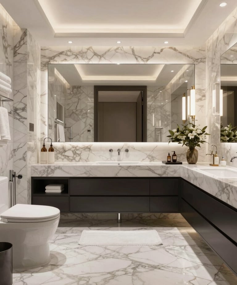 Close-up of elegant wall cladding and flooring samples in black, white, and orange tones.